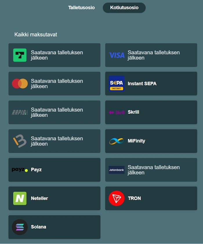 KingPalace Casino kotiutukset tapahtuvat muun muassa pankkikortilla, SEPA-maksulla ja nettilompakolla.