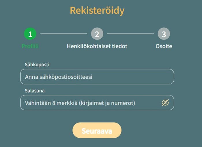 KingPalace Casinon rekisteröintilomake sisältää kolme kohtaa; profiili, henkilökohtaiset tiedot ja osoite.