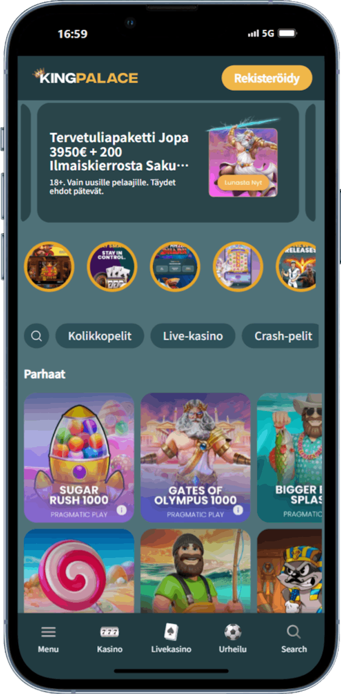 KingPalace kasinon mobiilin?kym?n kuvakaappaus, jossa n?kyy etusivu ja navigaatiovalikko