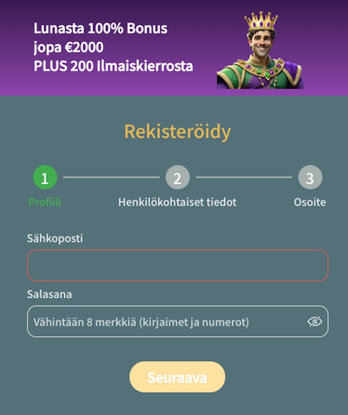 Kingpalace näyttää bonuksen samalla kun rekisteröidyt kasinolle