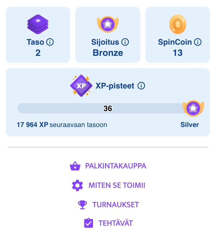 Paneeli, jossa näkyy Smasha Casinon keskittämisohjelman kolikot, kokemus ja tasot.