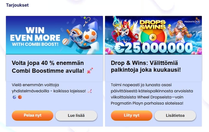 Klikki Kasinolla on kaksi kampanjaa: Combiboost ja Drops and Wins turnaus.