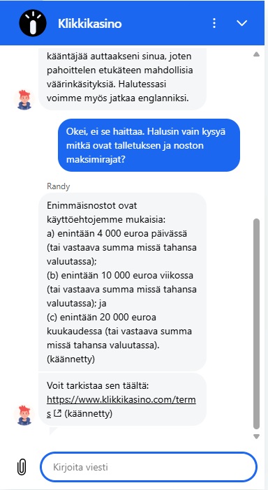 Klikki Kasino live-chatissa Randy vastaa kysymykseen maksiminostoista.