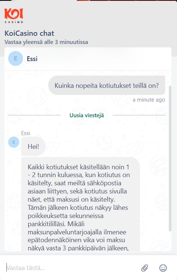 Koi Casino asiakaspalvelu toimii lokalisoituna suomeksi. Jonoja ei ole, ja vastaukset ovat ystävällisiä.