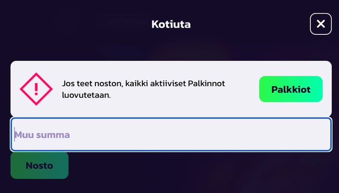 Pelipedon varoitus palkinnoista luopumisesta talletusvaiheessa.