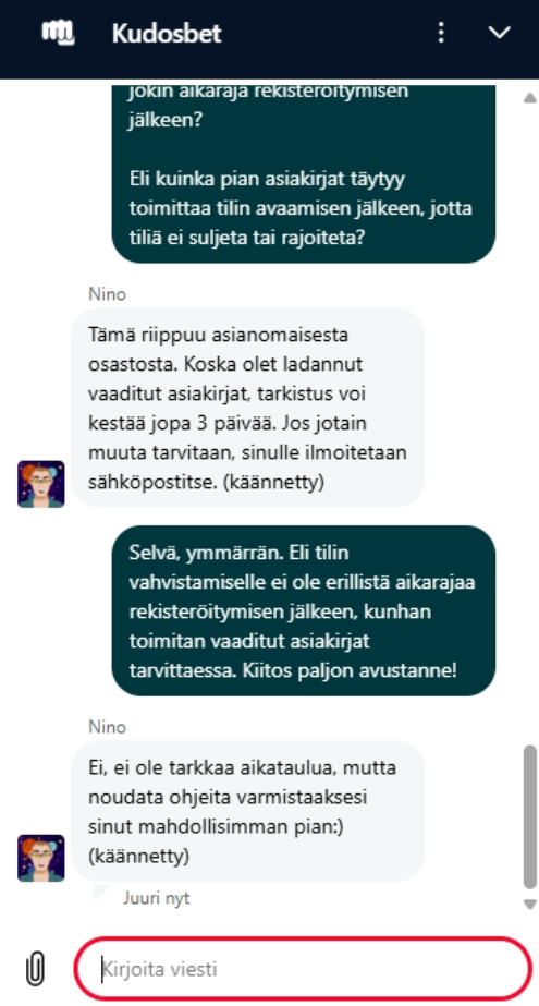 Kudos Betin asiakaspalvelu kertoo, että tilin vahvistus voi kestää jopa 3 päivää asiakirjojen lähettämisen jälkeen.