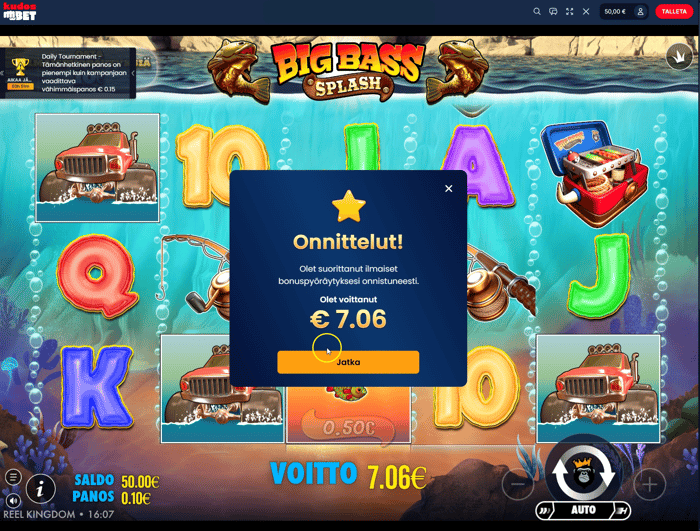Kudos Betin Big Bass Splash -ilmaiskierroksilla saatu 7.06 euron voitto.