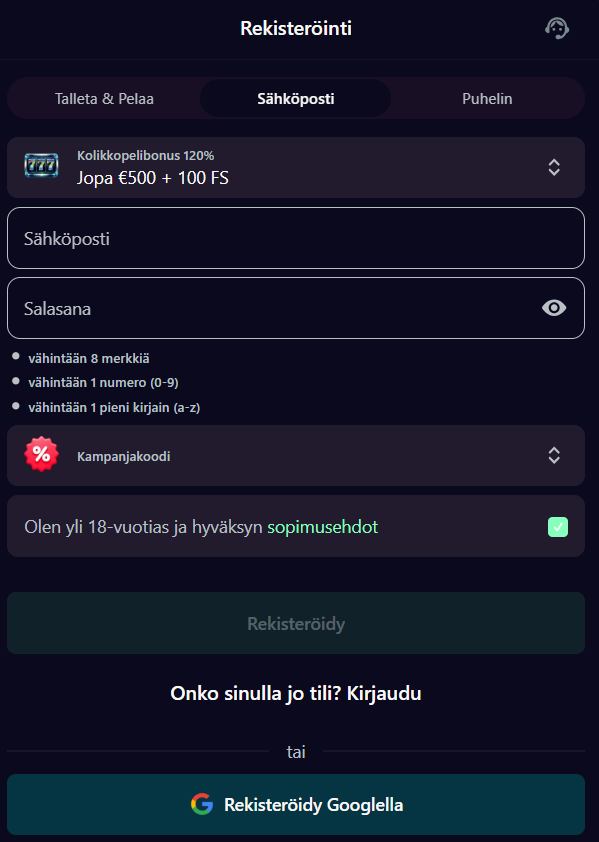 Kult Casino rekisteröityminen on nopea, ja valikoimiin kuuluu myös Pay n Play vaihtoehto.