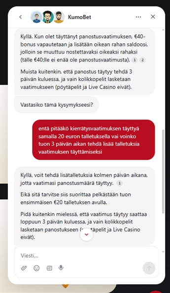 Kuvakaappaus KumoBetin chat-keskustelusta, jossa asiakaspalvelu selittää 200% tervetuliaisbonuksen kierrätysvaatimuksia ja vahvistaa, että kierrätyksen voi suorittaa useammalla talletuksella kolmen päivän aikana.