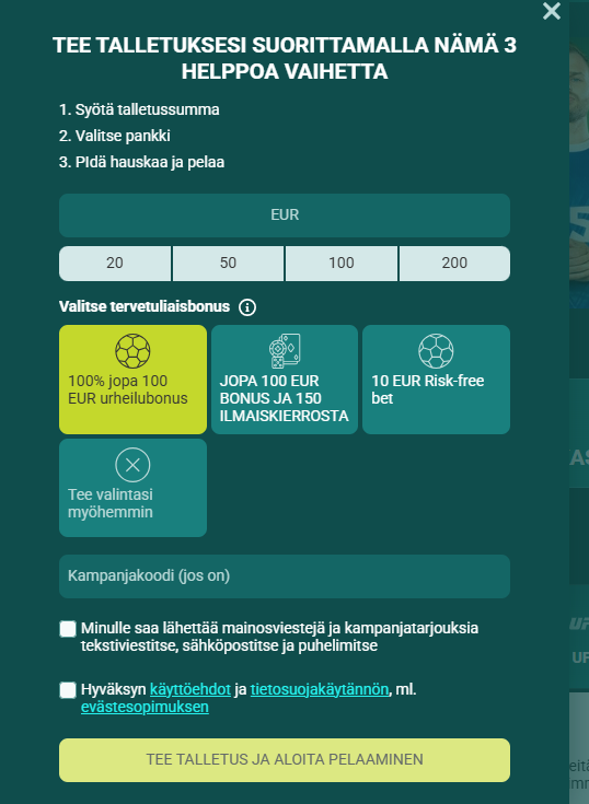 Vivatbet kasinon talletuslomake.