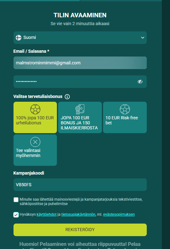 Vivatbet kasinon rekisteröitymislomake.