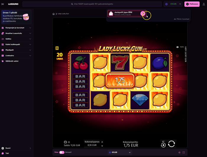 Ensimmäisenä pelinä oli BGamingin Lady Luck Gun, joka on hedelmäpeli.