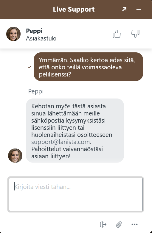 Lanistan chat asiakaspalvelija ei halua vastata kysymyksiin