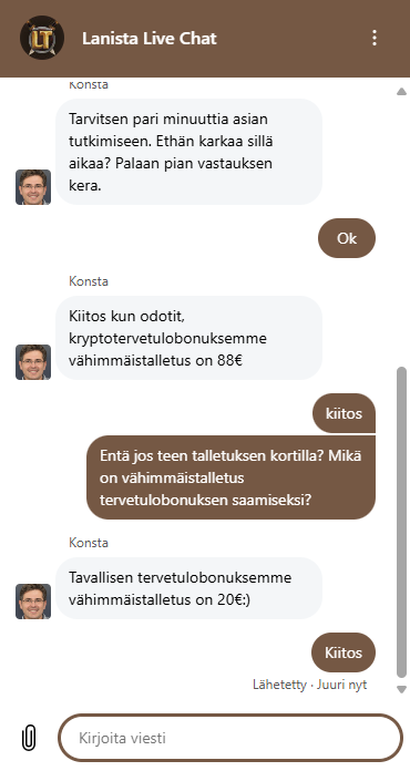 Keskustelu Lanistan asiakastuen kanssa live-chatissa.