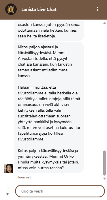Asiakastuen vastaus pelirajoituksia koskevaan kysymykseen.