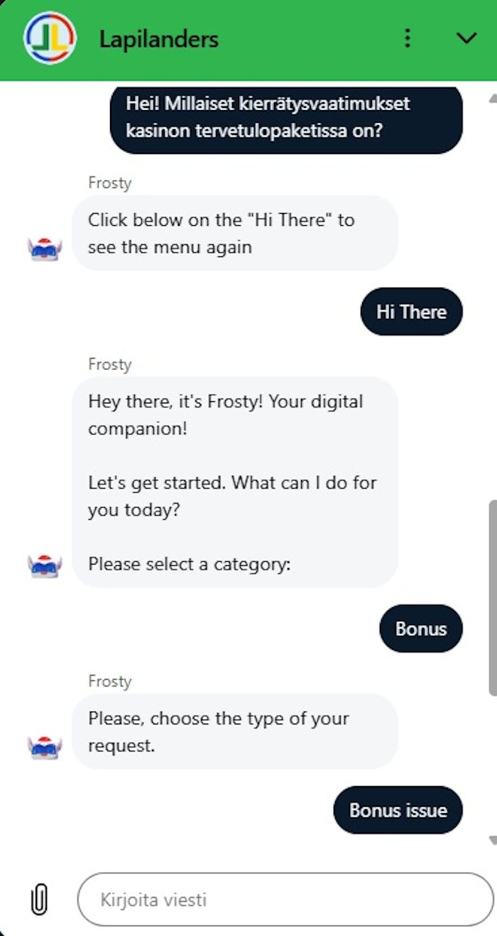 Lapilanders asiakaspalvelu tarjoaa chatissa botin, joka ei toimi erityisen hyvin.