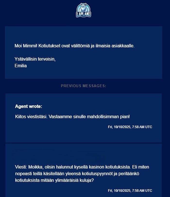 Lapland Casinon asiakaspalvelun chat, jossa keskustellaan kotiutusten nopeudesta ja kuluista,.