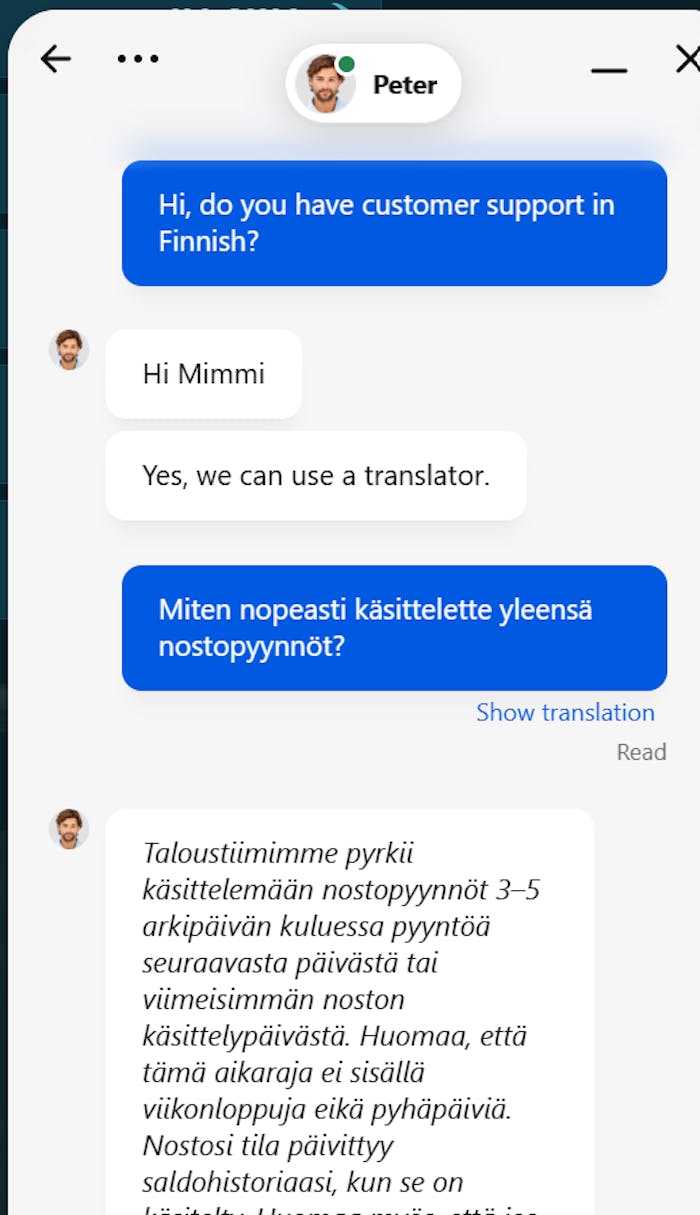 Livechat LaraBet Casinon asiakaspalvelun kanssa, jossa tiedustellaan asiakaspalvelun palvelukielist? sek? kotiutuksista.