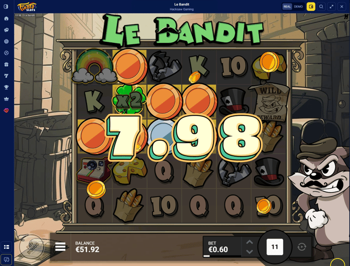 Fiesta Slotsin Le Bandit -kolikkopeli, jossa 0,60 € panoksella tuli 7,98 € voitto.