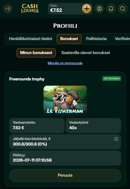 Le Fisherman -pelin ilmaiskierrokset toivat yhteensä 7,52 euroa voittoja, joiden kierrätysvaatimus oli 40x.