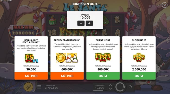Le Santa kolikkopelissä voi ostaa erilaisia bonustoiminta, kuten Bonushunt Feature Spins ja Silent Heist.