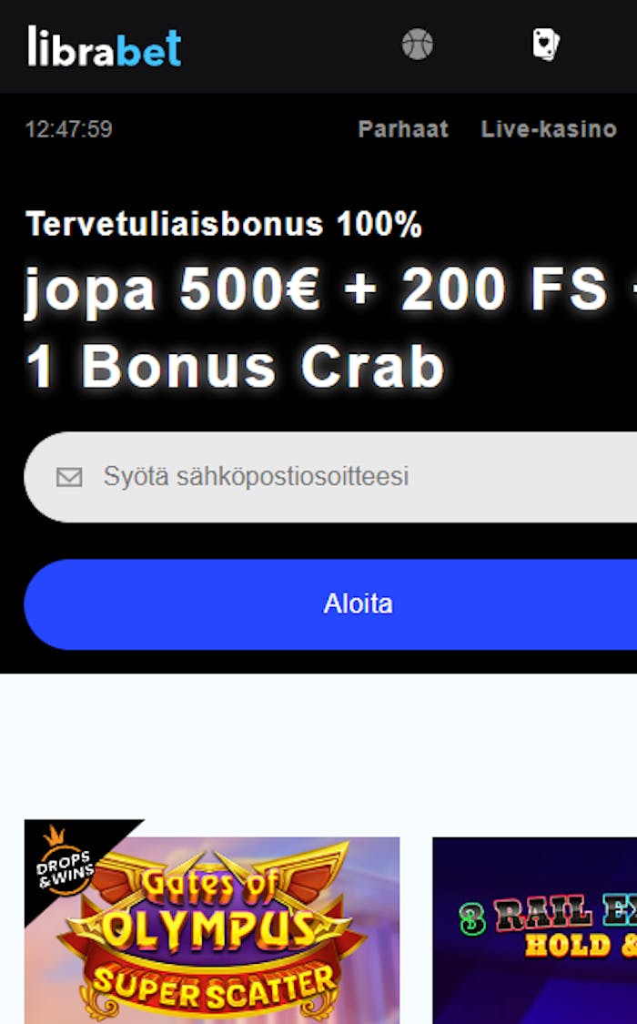 Librabet kasinon etusivu ja mahdollisuus pelaamisen aloittamiseen.