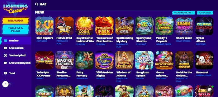 Lightning Casinon pelivalikoima