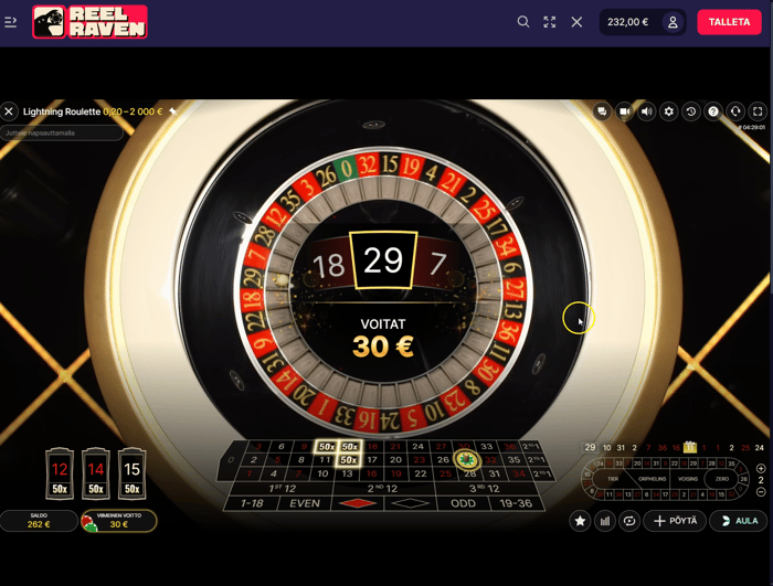 Reel Ravenin Lightning Roulette -pöytä, jossa näkyy pyörän tulos, 30 euron voitto sekä omassa testissäni osuneet 50x-kertoimet.