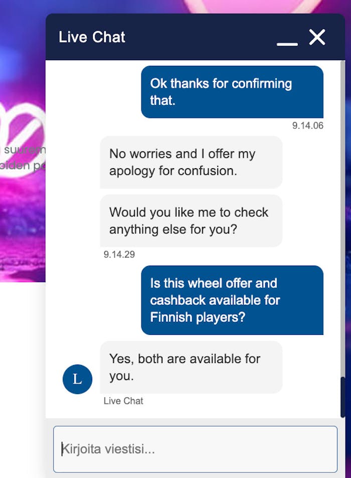 LiliBet Casinon live-chat palvelee englanniksi.