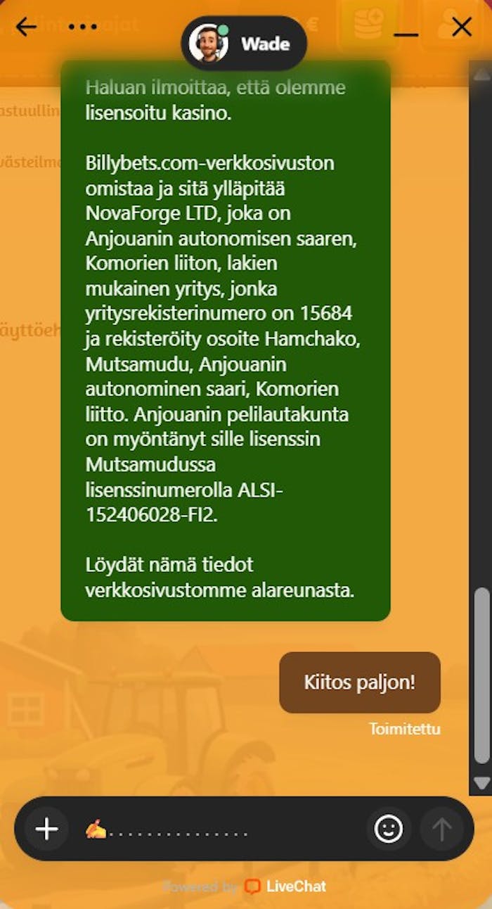 Billy Bets asiakaspalvelija vastasi lisenssikysymykseen live-chatissa.