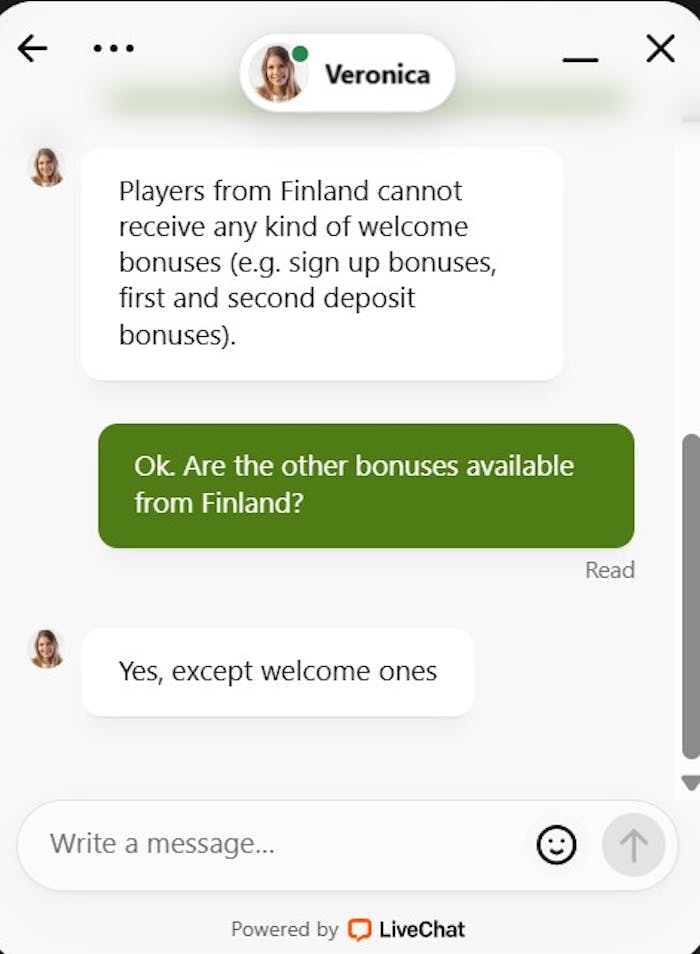 Fastpayn asiakastuen vastaus tervetuliaisbonusta koskevaan kysymykseen.
