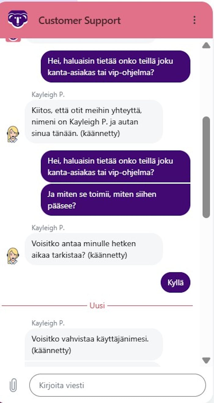 Lucky Koalan asiakastuen vastaukset suomeksi käännöstyökalulla.