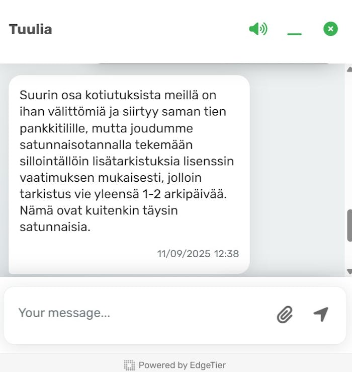 Lumo Casinon live chatin vastaus suomeksi.