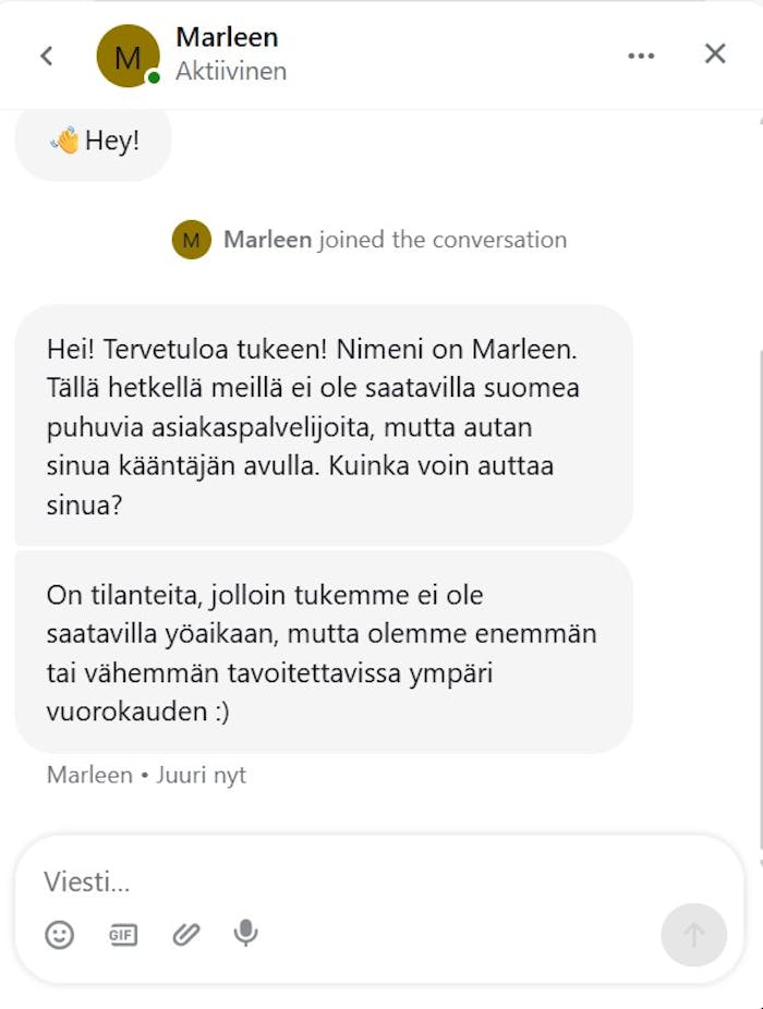 Shotz Casinon asiakastuen vastaus live-chatissa.