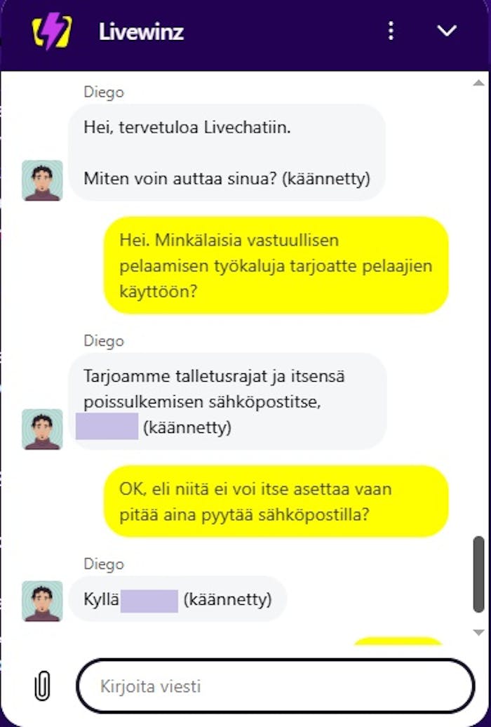 Diego vastasi käännöskoneen kautta suomeksi Live Winz casinolla