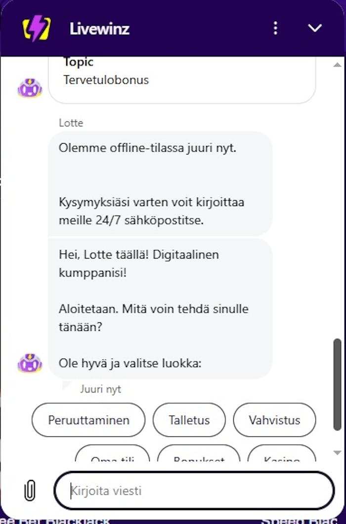 Live Winz Casinolla vastaa chat robotti Offline aikoina