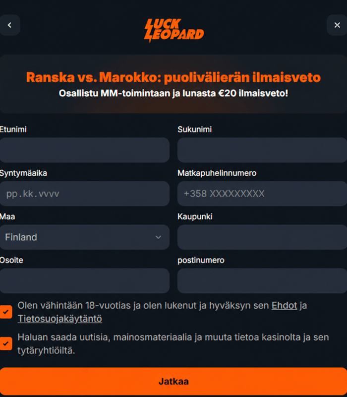 Luck Leopardin toisessa rekisteröitymislomakkeessa pyydetään tarkemmat pelaajatiedot.