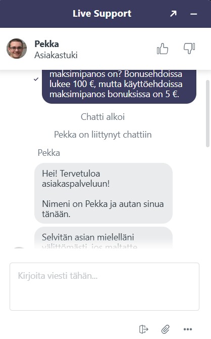 LolaJack Casinon asiakastuen vastaus live-chatissa.