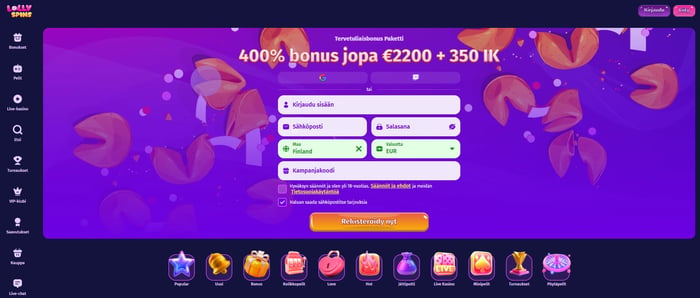 Lolly Spins Casinon etusivu näyttää rekisteröintilomakkeen ja jopa 400 % bonuksen 2200 € + 350 ilmaiskierrosta.