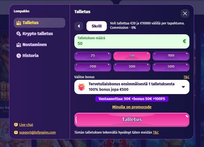 Lolly Spins Casino talletus tapahtuu esimerkiksi Skrillillä, bonus on valittavissa talletussivulla, mutta sitä ei ole pakko lunastaa.