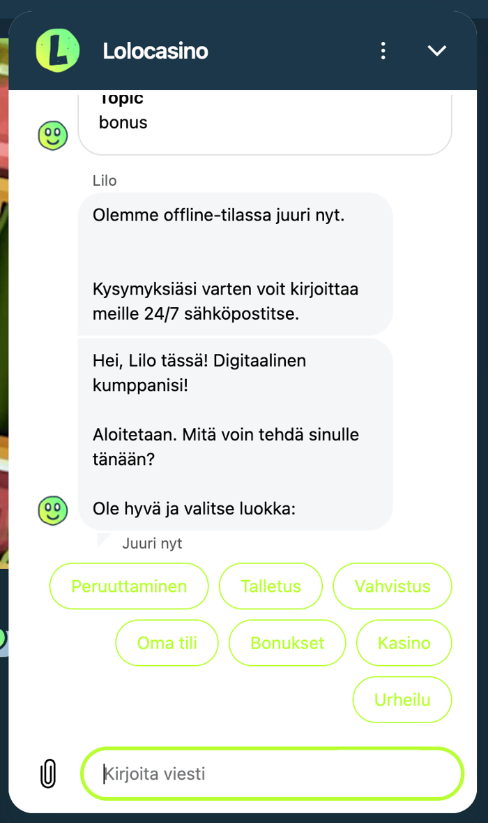 LoloCasinon chat bot vastaa suomeksi