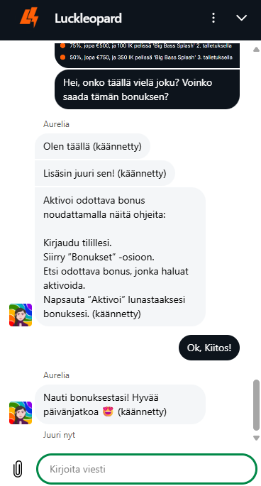 Luck Leopard kasinon asiakastuen lähettämä live-chat-viesti.