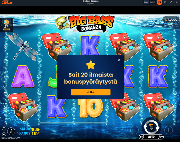 20 ilmaiskierrosta Big Bass Bonanza peliin.