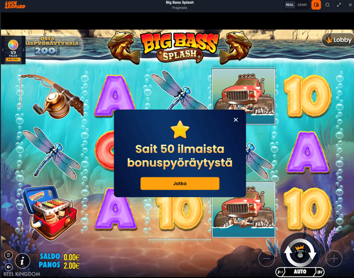 50 ilmaista ilmaiskierrosta Big Bass Splash -peliin.