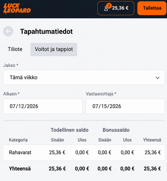 Lucky Leopardin maksutapahtumatiedot 25,36 euron kokonaissaldolla.