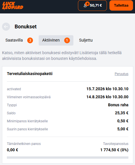 Bonusnäkymä Luck Leopard -kasinolla ennen kierrätyksen aloittamista.
