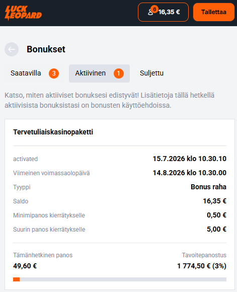 Kierratyksen loppuvaiheessa pelitilillä on 16,35 euroa.