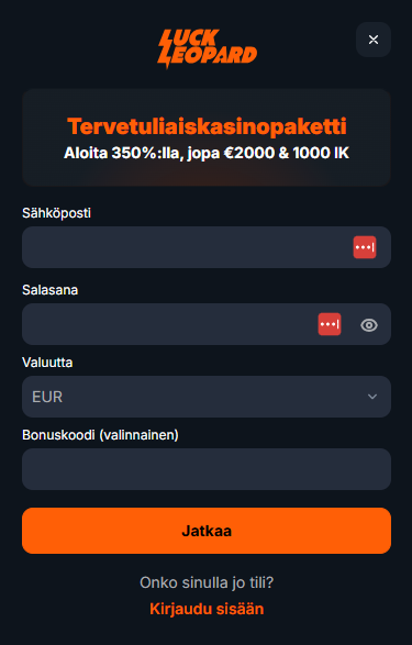 Luck Leopardin ensimmäinen rekisteröitymislomake, jossa kysytään muun muassa sähköposti ja salasana.
