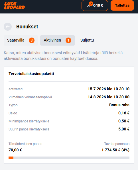 Kierrätys loppuu pelitilin saldon ollessa 0,16 euroa ja kierrätyksen 4 %.