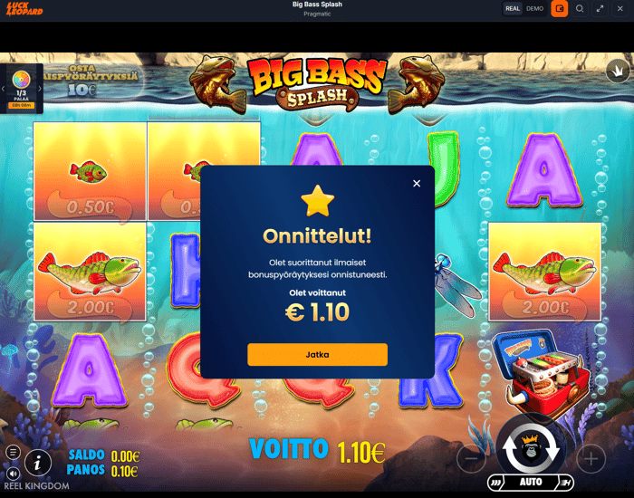 1,10 euron voitto ilmaiskierroksilla Big Bass Splash -pelissä.